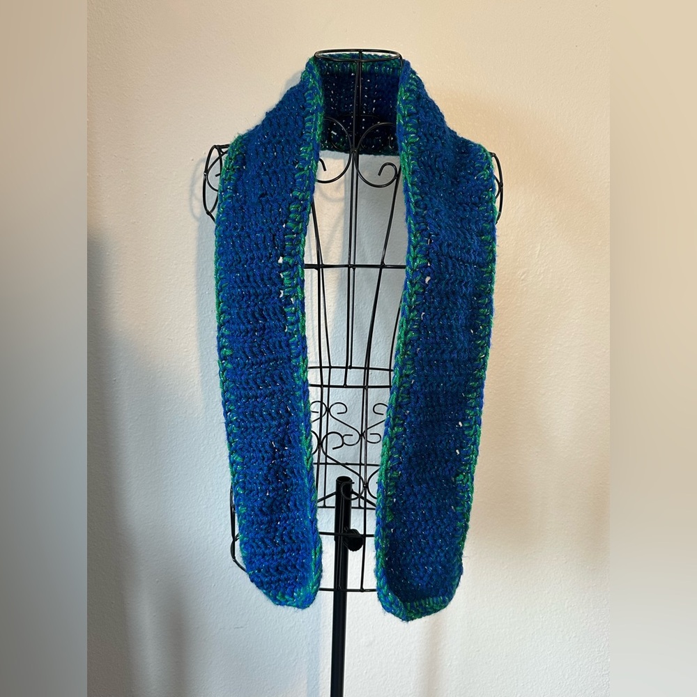 Handmade Sparkly Blue and Green Scarf Cabin Core Slow Fashion